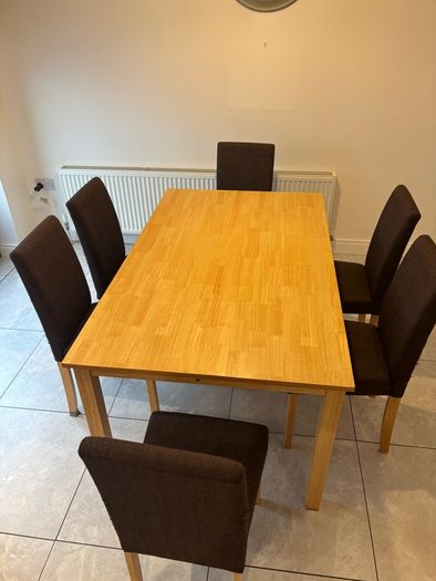 Table & 6 Brown Fabric Chairs