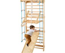 Swedish Ladder Wall Gym, 8-in-1 15 Levels Solid Wood Indoor Jungle Gym, 220LBS Wall Stall Bars Climbing Playset with Wall Ladder, Slide Board, Pull-Up Bar, Gym Rings, Swing Seat, Rope Ladder