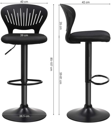 _Bar Stool Set of 2 Height Adjustable with Crown Backrest 360 Degree Rotating Comfortable Padded Seat Kitchen Bar Black