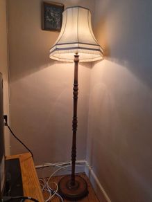 Vintage Wooden Standard Floor Lamp with Original Fringed Shade
