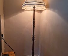 Vintage Wooden Standard Floor Lamp with Original Fringed Shade