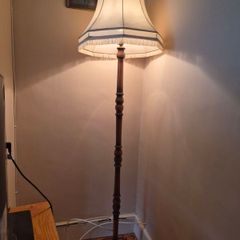Vintage Wooden Standard Floor Lamp with Original Fringed Shade