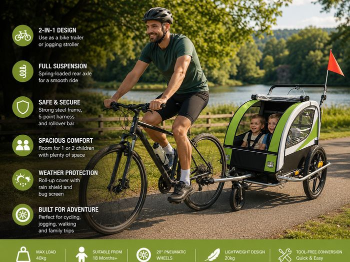 2-in-1 Child Bicycle Trailer & Jogger Stroller for 1-2 Children