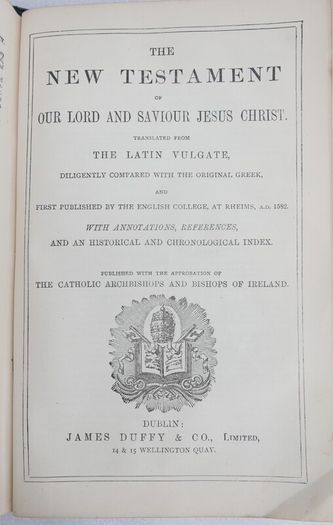 Vintage spine of a Catholic Douay Bible published by James Duffy & Co. Ltd. in Dublin.