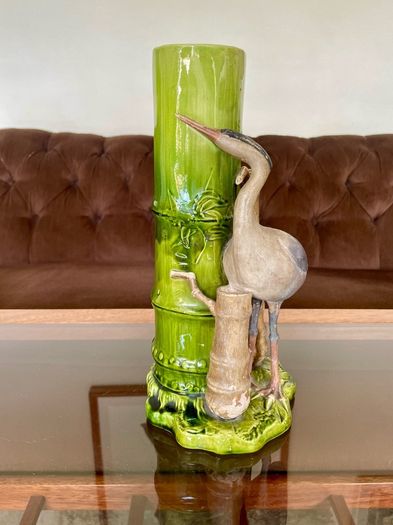 Antique Art Pottery Bretby Pottery 1890s Bamboo and Stork Large Spill Vase