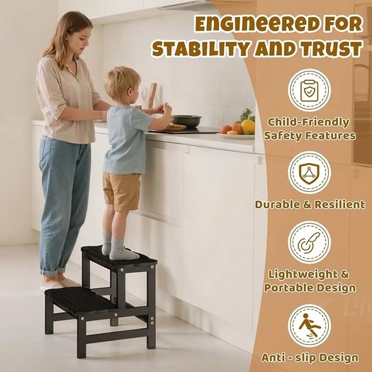 Kids Step Stool for Bathroom  Wodden Two Step Stools 300 lbs Capacity with Safety Non-Slip Pads - Cute Toddler Step Stool for Toilet Bathroom Sink (Black)