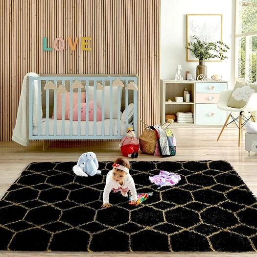 Geometric Rug for Bedroom, 90x150 Black and Gold Living Room Area Rugs for Kids Baby Room, Nursery, Dorm, Lounge Decor, Thick Soft Fluffy Plush Small Non-slip Floor Carpet