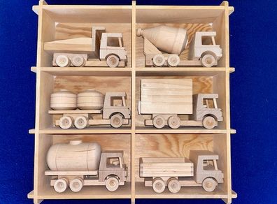 Scandinavian Wooden Vehicle Collection in Display Case