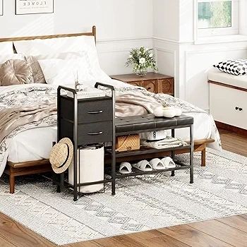 Shoe Bench with Cushion, Storage Bench with Padded Seat, 2 Drawer and Open Compartments, for Entryway, Hallway, Living Room, Black