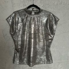 Pilcro Mock Neck Metallic Top Sz 12UK 8US L Anthropologie Silver Shiny Party