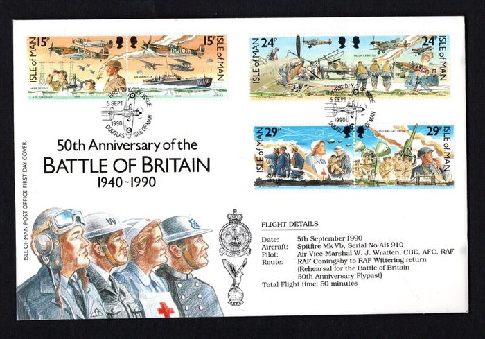 1990 Isle of Man 50th Anniversary of the Battle of Britain Commemorative Stamps First Day Cover (FDC) With Battle of Britain Memorial Flight RAF Coningsby cancel on rear