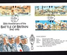 1990 Isle of Man 50th Anniversary of the Battle of Britain Commemorative Stamps First Day Cover (FDC) With Battle of Britain Memorial Flight RAF Coningsby cancel on rear