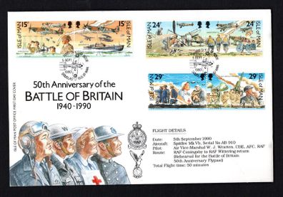1990 Isle of Man 50th Anniversary of the Battle of Britain Commemorative Stamps First Day Cover (FDC) With Battle of Britain Memorial Flight RAF Coningsby cancel on rear