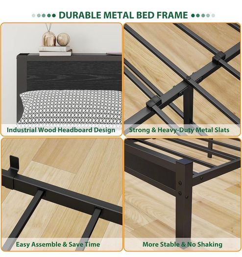 Double Bed Frame with Wooden Storage Shelf Headboard, Metal Platform Bed Frame Double Bed, No Box Spring Needed, Enhanced Support, Black