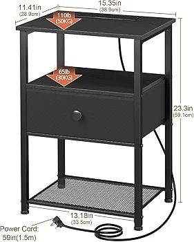 Bedside Table Set of 2 with Charging Station, Nightstand with Fabric Drawer, Small Side Table with Open Storage Shelf, Bedside Cabinets for Living Room, Bedroom, Small Space Black
