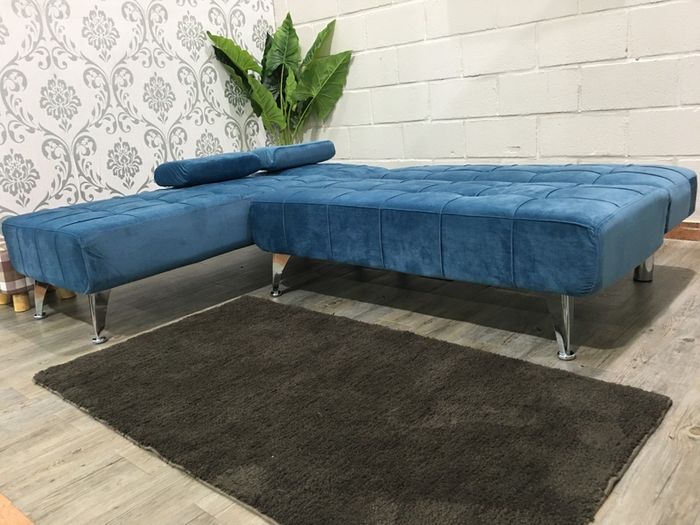 Blue L Shaped Sofa Bed, Converts to Sleeper