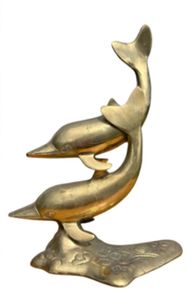 vintage brass dolphins 27cm tall large double dolphins statue 70s coastal ornament mid century