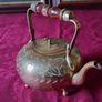 Vintage Solid Brass Art Deco Engraved With Decorations Footed Medium Size Tea Pot With Lid And Wooden Handle Made In India Image 3