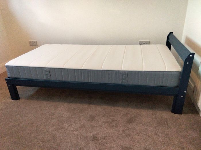 Single Ikea Neiden wooden bed, blue, with mattress