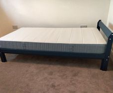 Single Ikea Neiden wooden bed, blue, with mattress
