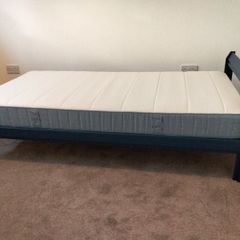 Single Ikea Neiden wooden bed, blue, with mattress