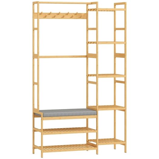 Coat rack with shoe shelf, clothes hooks, coat stand, bench with cushion, for hall, entryway, natural wood