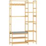 Coat rack with shoe shelf, clothes hooks, coat stand, bench with cushion, for hall, entryway, natural wood Image 2