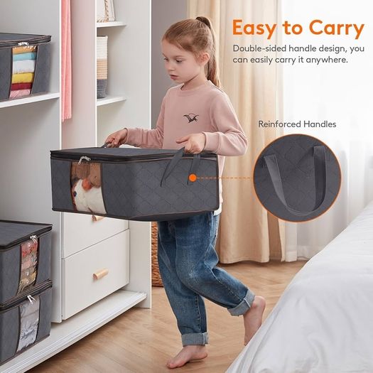 35L Clothes Storage Bag Foldable Storage Boxes with Lids Underbed Wardrobe Storage Organiser with Sturdy Fabric Clear Window for Clothing Bedding Sweaters T-shirts Blankets, 3 Pack, Grey