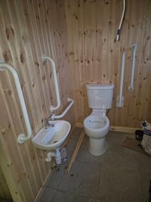 Disabled toilet, sink and handrails