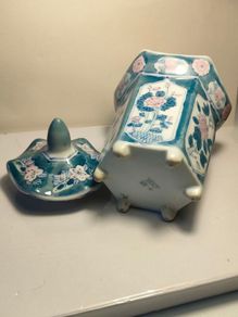 7" Signed Hand Painted Hexagon Ginger Jar