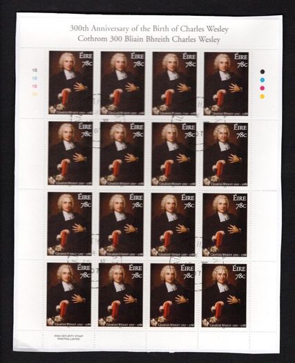 2007 Ireland 150th 300th Anniversary of the Birth of Charles Wesley (Founder of Methodism) Commemorative Stamp Sheetlet Plate 1B1B1B1B Fine Used with Dublin cancel of 15th November 2007 (Frist day of issue)