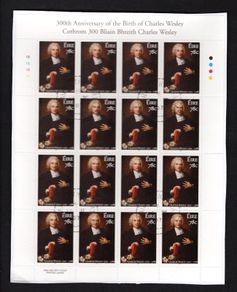 2007 Ireland 150th 300th Anniversary of the Birth of Charles Wesley (Founder of Methodism) Commemorative Stamp Sheetlet Plate 1B1B1B1B Fine Used with Dublin cancel of 15th November 2007 (Frist day of issue)