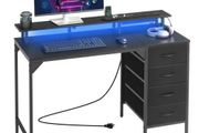 120 cm Computer Desk with Smart LED Lights and Power Outlets, Gaming Office Desk with 4 Large Drawers, Monitor Stand, Study Work for Home Office
