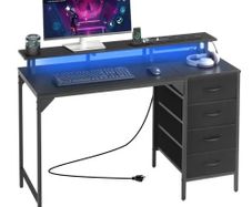 120 cm Computer Desk with Smart LED Lights and Power Outlets, Gaming Office Desk with 4 Large Drawers, Monitor Stand, Study Work for Home Office