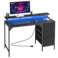 120 cm Computer Desk with Smart LED Lights and Power Outlets, Gaming Office Desk with 4 Large Drawers, Monitor Stand, Study Work for Home Office