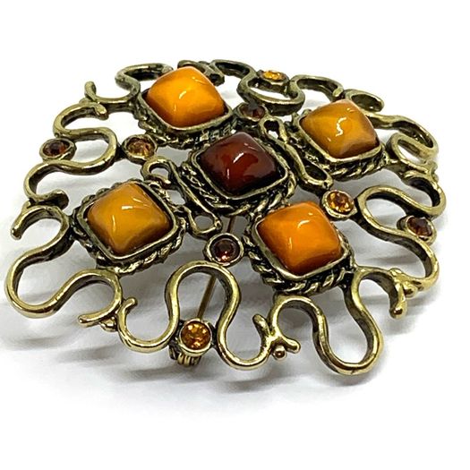 Rare Vintage Gold Tone Amber Brooch