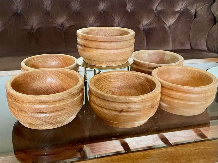 Rare Set 6 Rustic Irish Wood Turned Beehive Style Bowls Retos Shannon 1970s