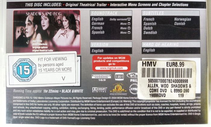 Shadows And Fog (Woody Allen Film) [1991] Woody Allen, Mia Farrow, John Malkovich, John Cusack, Madonna & Kenneth Mars [1xDVD Movie]