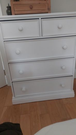 White bedroom set - 2-over-3 chest + pair of bedside lockers