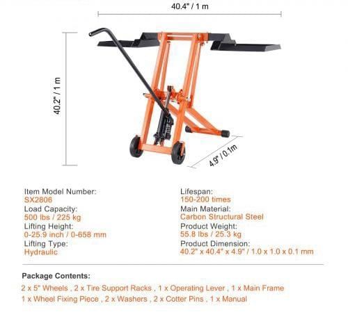 Lawn Mower Lift with Hydraulic Jack, 500 Lbs Weight Capacity, Solid Carbon Steel Lawn Mower Lift, Adjustable Movable Lawn Lifter for Riding Tractors and Zero Turn Lawn Mowers, Orange