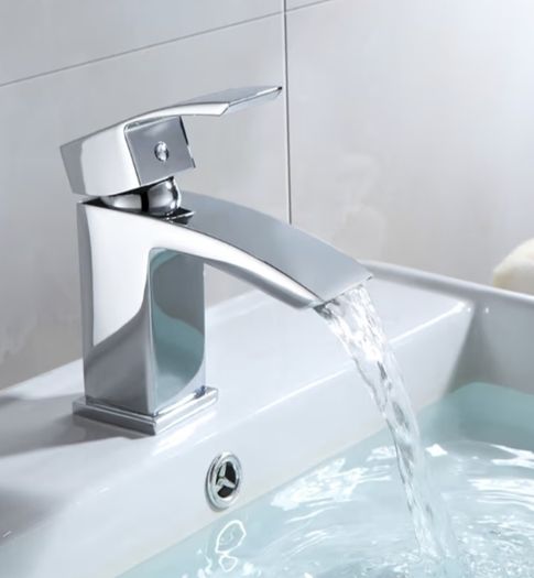 Waterfall with Pop up Waste Slotted Square Bathroom Sink Mixer Tap with G1/2 UK Standard Hoses Single Lever Mono Monobloc Modern Cloakroom Faucet 1 Hole