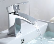 Waterfall with Pop up Waste Slotted Square Bathroom Sink Mixer Tap with G1/2 UK Standard Hoses Single Lever Mono Monobloc Modern Cloakroom Faucet 1 Hole