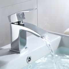 Waterfall with Pop up Waste Slotted Square Bathroom Sink Mixer Tap with G1/2 UK Standard Hoses Single Lever Mono Monobloc Modern Cloakroom Faucet 1 Hole
