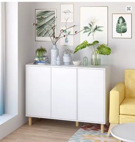 White Sideboard Cabinet with 3 Doors Scandinavian Storage Unit with Adjustable Shelves 107x40x80 cm