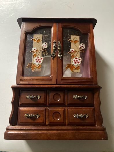 jewellery box Vintage Wooden Wardrobe Jewelry Armoire Box Floral Glass Double Doors & 5 Drawers