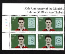 2008 Ireland 50th Anniversary of the Munich Air Disaster Commemorative Stamp Plate Block 1A1A1A1A Mint Never Hinged (MNH)