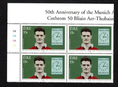 2008 Ireland 50th Anniversary of the Munich Air Disaster Commemorative Stamp Plate Block 1A1A1A1A Mint Never Hinged (MNH)