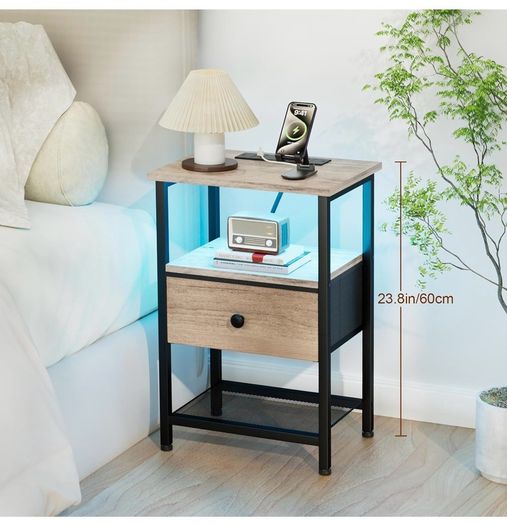 Bedside Table with Charging Station, Small Sofa Side Table with LED Light