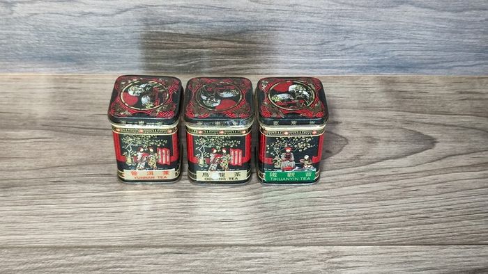 oriental asian vintage X3 empty tea tin set container collectables