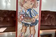 Vintage Wool Needlepoint Skater Girl Wall Art Framed Textile Decor
